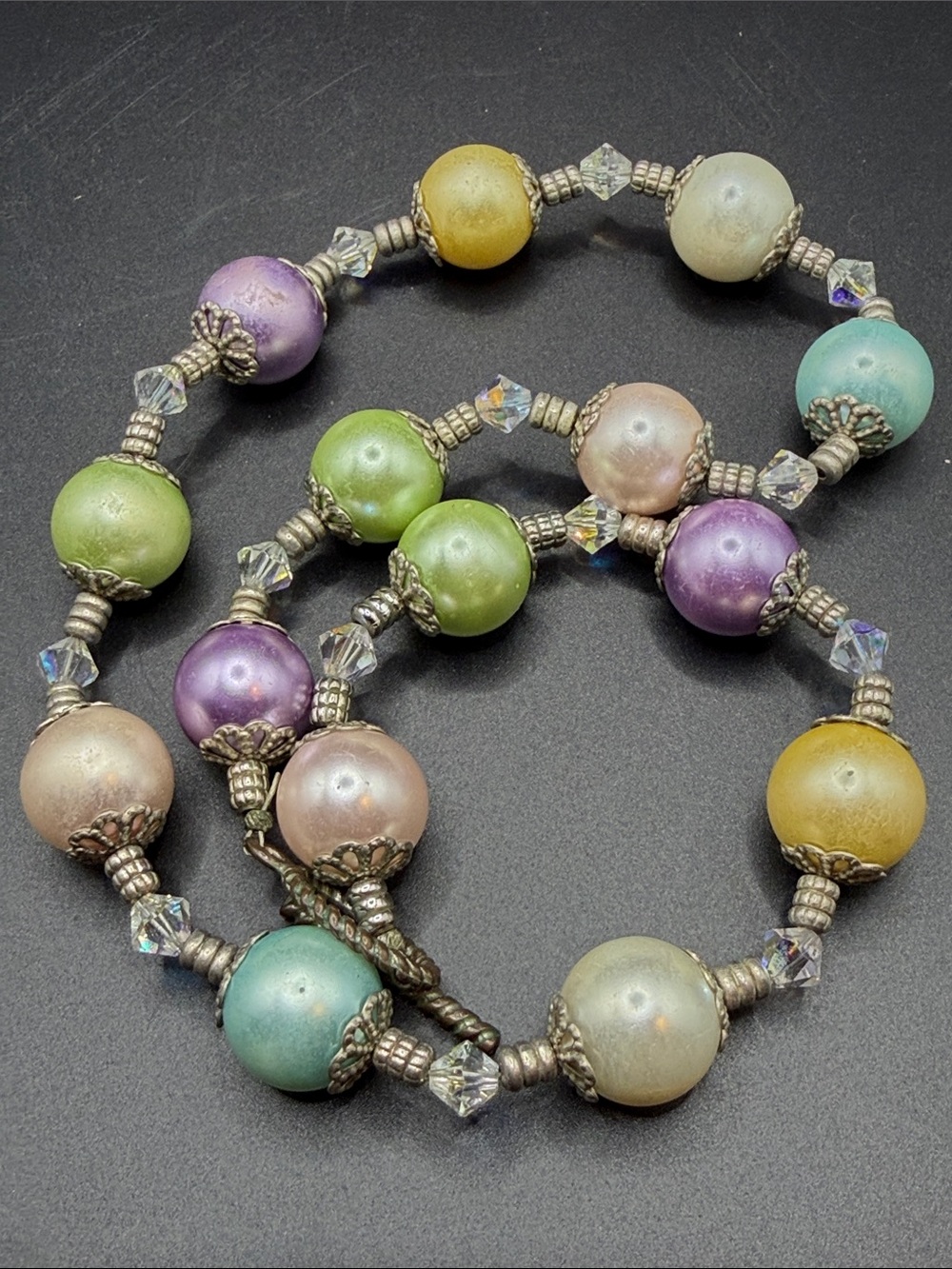 Vintage Multicolor Pastel Costume Faux Pearl Beaded AB Crystal Necklace Jewelry